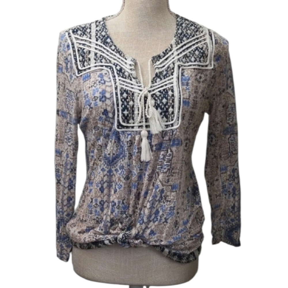 Lucky Brand Boho Tassel Tie Blue Print Women's Peasant Top